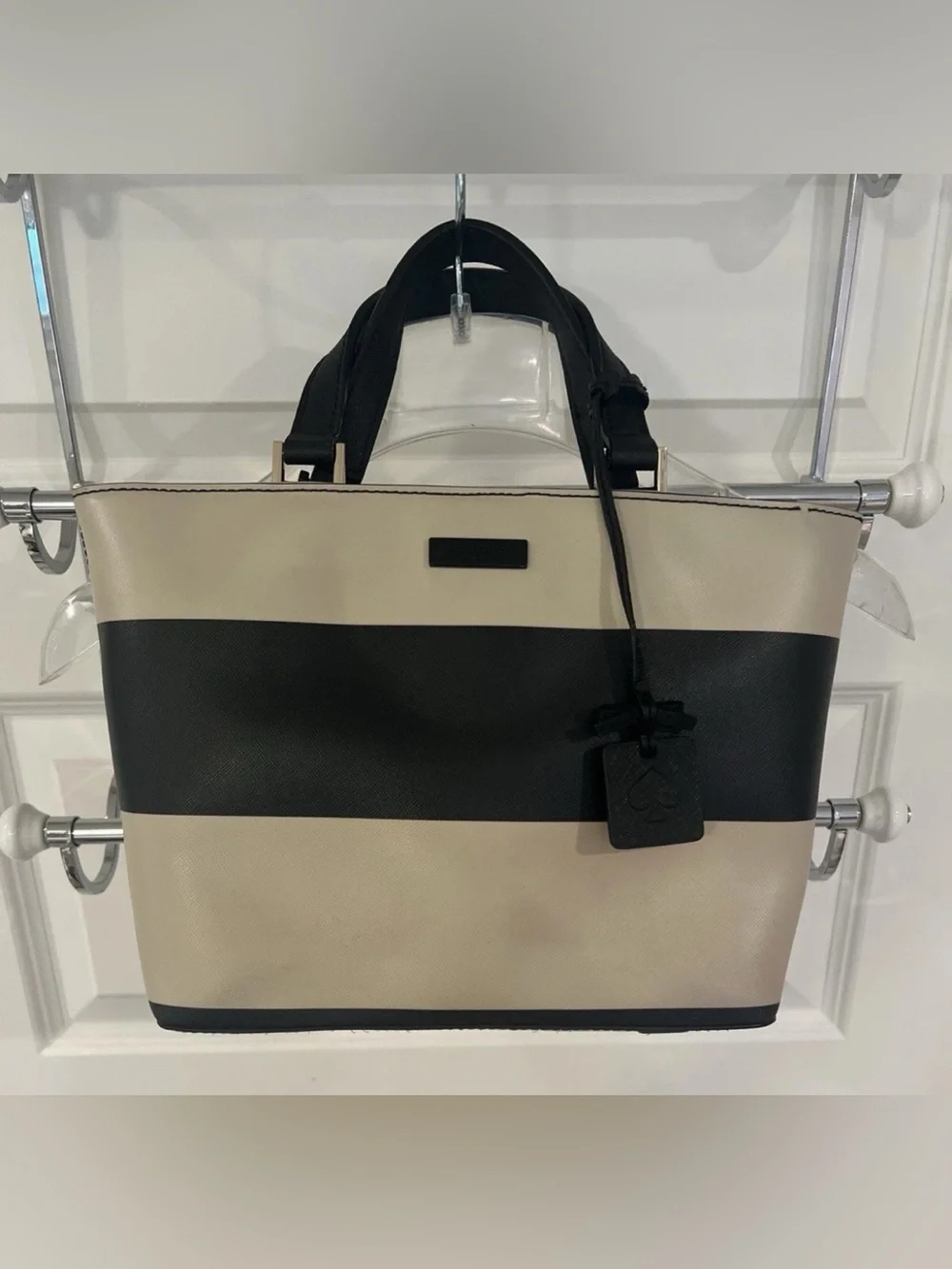 kate spade Black and Cream Striped Tote with Top Handles